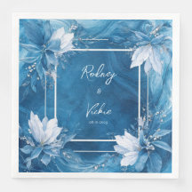 Elegant Blue Marble Floral Wedding Napkins