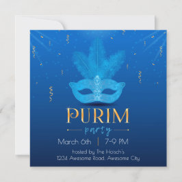 Elegant Blue Mask Purim Einladung