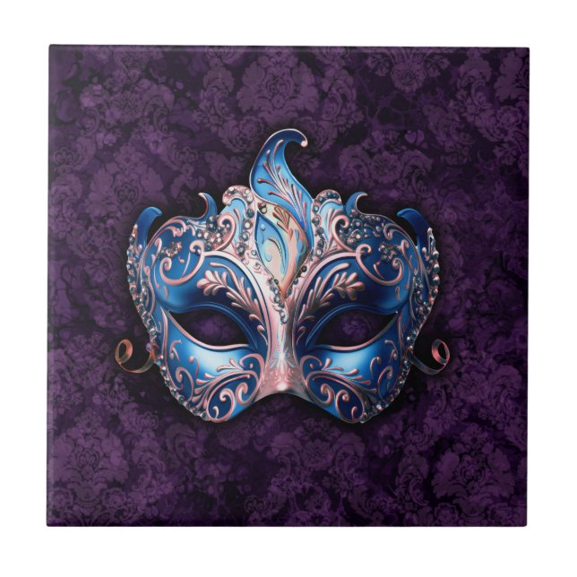 Elegant Blue Masquerade Mask Fliese (Vorderseite)