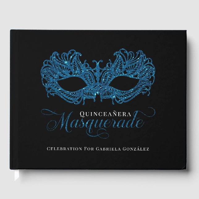 Elegant Blue Masquerade Quinceanera Gästebuch (Vorderseite)