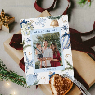 Elegant Blue Merry Christmas Foto Karte