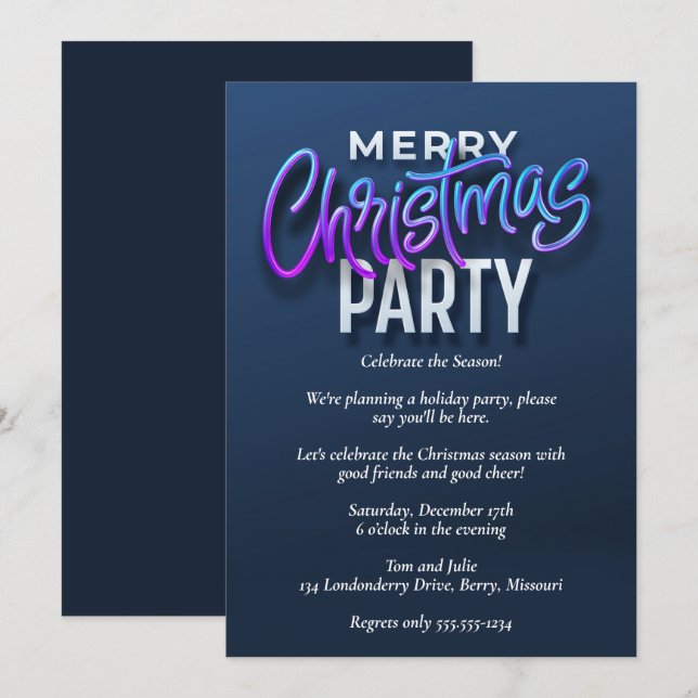 Elegant Blue Merry Christmas Party Einladung (Vorne/Hinten)