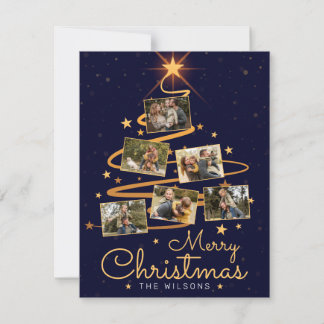 Elegant Blue Merry Christmas Tree 7 Family Foto Feiertagskarte