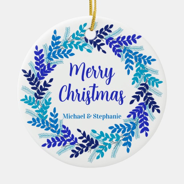 Elegant Blue Merry Christmas Wreath Keramik Ornament (Vorne)