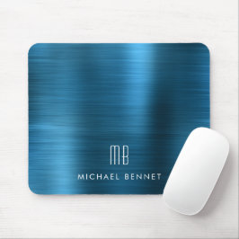 Elegant Blue Metallic Monogram Name Mousepad