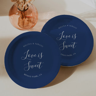 Elegant Blue Minimalistisch Calligraphy Wedding Pappteller