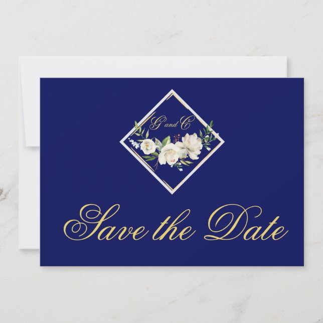 Elegant Blue Monogram Gold Save the Date (Vorderseite)