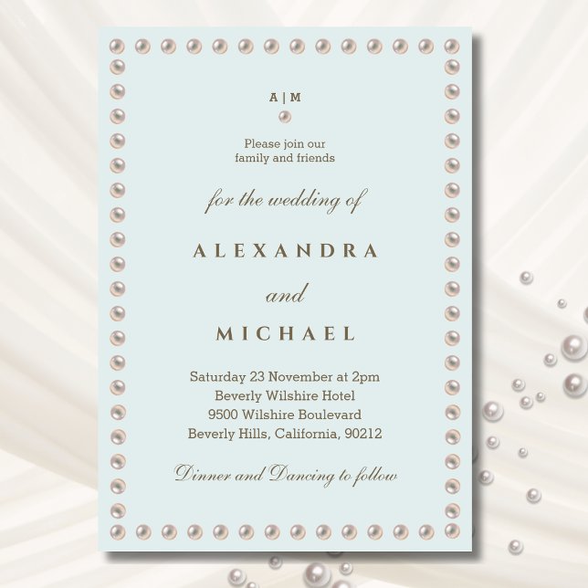 Elegant Blue Monogram Pearl Wedding Einladung (Von Creator hochgeladen)