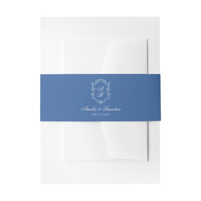 Elegant Blue Monogram Wappen Formal Script Wedding Einladungsbanderole (Vorderseite Beispiel)