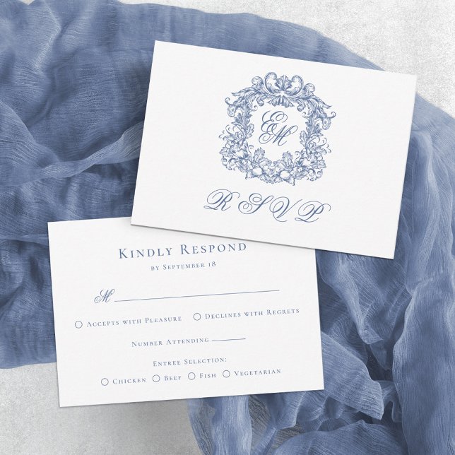 Elegant Blue Monogram Wappen Wedding RSVP Karte (Von Creator hochgeladen)