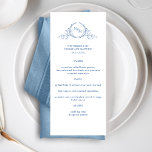 Elegant Blue Monogram Wedding Menükarte<br><div class="desc">Freuen Sie sich auf dieses schöne Hochzeitsmenü mit eleganten handgezeichneten botanischen Monogrammen mit Paarinitialen in blau. Einfach Vorlage ausfüllen, um Ihre Drucke zu bestellen! Möglichkeit, Text zu ändern und sogar Änderungen an Textstil, -größe und -position vorzunehmen, indem Sie "Bearbeiten mit dem Entwurfstool" auswählen und auf den Editor-Bildschirm zugreifen. Teil unserer...</div>