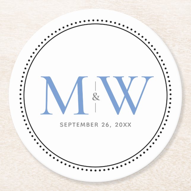 Elegant Blue Monogram Wedding Runder Pappuntersetzer (Vorderseite)