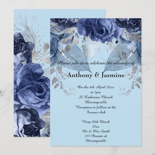 ELÉGANT BLUE NAVY FLORAL ROSE FAIRE-PART DE MARIAG (Devant / Derrière)