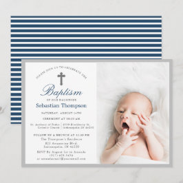Elegant Blue Navy Stripes Foto Taufe Einladung