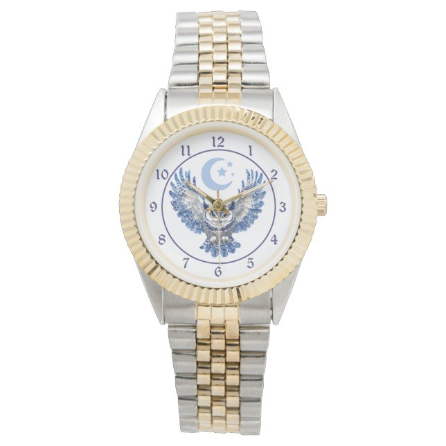 Elegant Blue Night Owl and Moon Armbanduhr (Vorderseite)