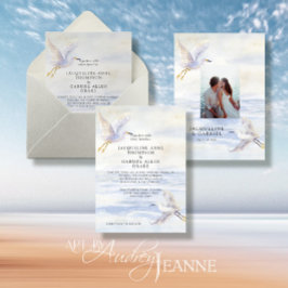 Elegant Blue Ocean Beach Coastal Cranes w Photo Einladung