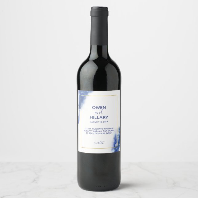 Elegant Blue Ombre Marble Wedding Weinetikett (Vorderseite)