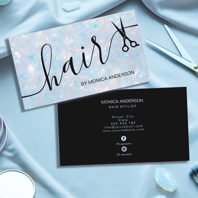 Elegant Blue Opal Glitter Hair Script Scissors Visitenkarte (Elegant Blue Opal Glitter Hair Script Scissors Business Card)