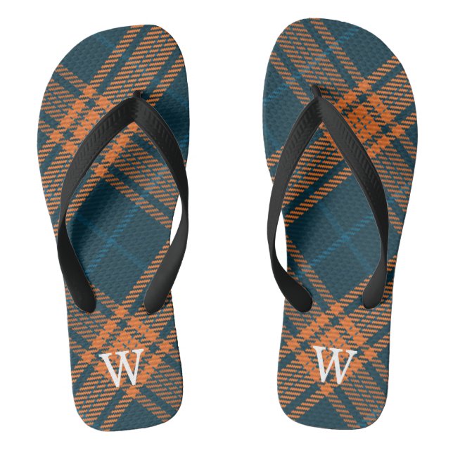 Elegant blue & orang tartan plaid Personalized  Flip Flops (Fußbett)