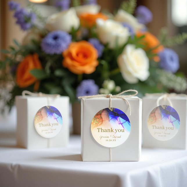 Elegant Blue Orange Wedding Vielen Dank Runder Aufkleber (Elegant Blue Orange Wedding Thank You Classic Round Sticker.)