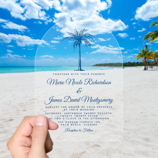 Elegant Blue Palm Formal Beach Hochzeit Acryleinladungen (Elegant Tropical Blue Palm Formal Beach Wedding Acrylic Invitations)
