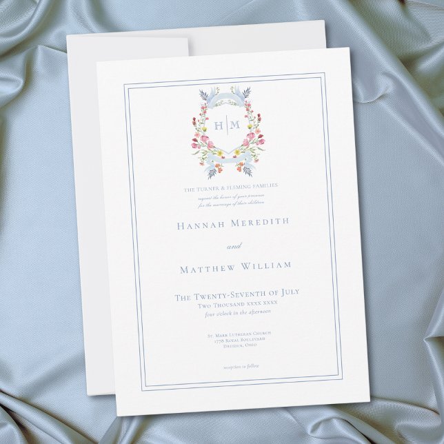 Elegant Blue Pastel Wildflower Regal Crest Wedding Einladung (Elegant Blue Pastel Wildflower Regal Crest Wedding Invitation)