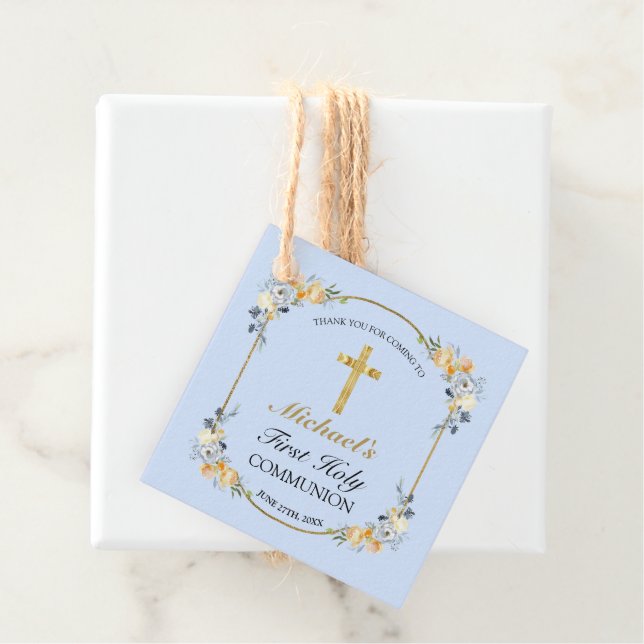 Elegant Blue Peach Floral 1. Heilige Kommunion Geschenkanhänger (Beispiel)