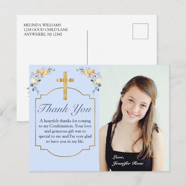 Elegant Blue Peach Floral Bestätigung Vielen Dank Postkarte (Vorne/Hinten)