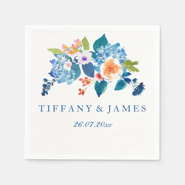 Elegant Blue & Peach Floral Wedding Napkin Serviette (Vorderseite)