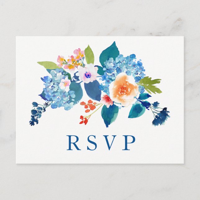 Elegant Blue Peach Floral Wedding RSVP Einladung (Vorderseite)