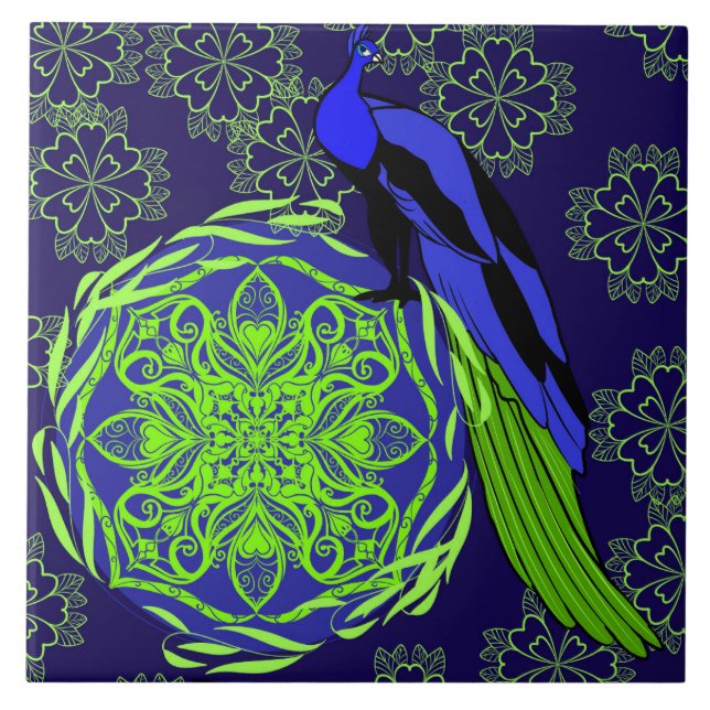 Elegant Blue Peacock with Green Mandala Fliese (Vorderseite)