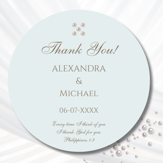 Elegant Blue Pearl Christian Wedding Thank You Runder Aufkleber (Von Creator hochgeladen)