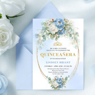Elegant Blue Peonies Quinceañera 15th Birthday  Einladung