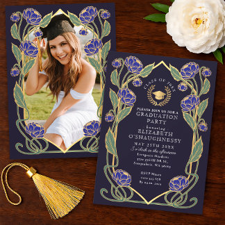 Elegant Blue Peony Art Nouveau Graduation Party Einladung