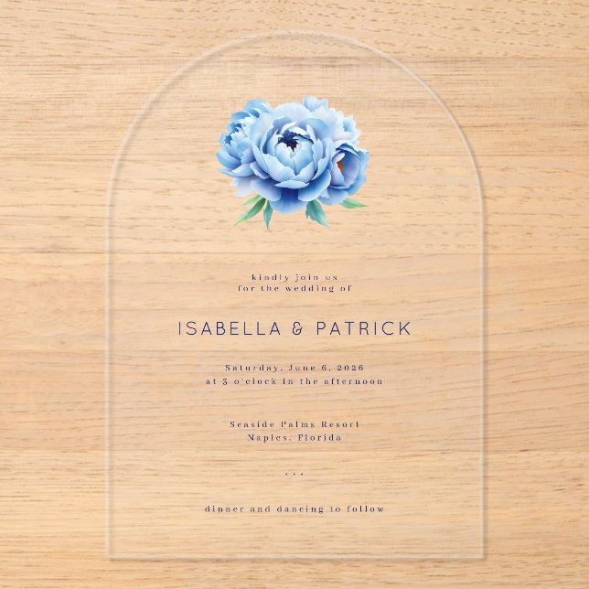 Elegant Blue Peony Wedding Invitation (Recto)