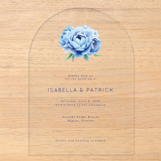 Elegant Blue Peony Wedding Invitation Acryleinladungen (Vorderseite)