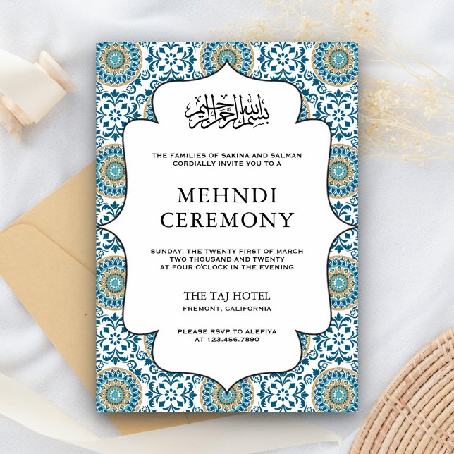 Elegant Blue Persian Mosaic Islamic Mehndi Begleitkarte (Von Creator hochgeladen)