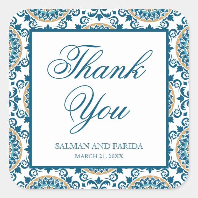 Elegant Blue Persian Mosaic Wedding Vielen Dank Quadratischer Aufkleber (Vorderseite)