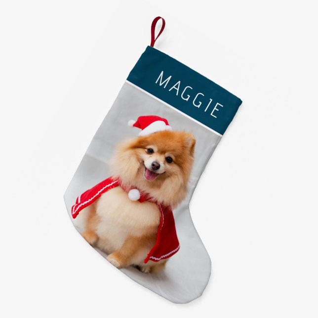 Elegant Blue Pet Dog Photo Custom Name Kleiner Weihnachtsstrumpf (Vorderansicht (hängend))