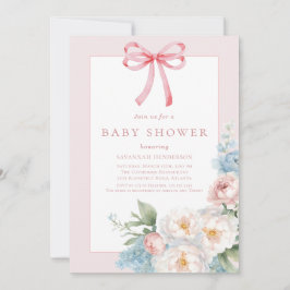 Elegant Blue Pink Bow Floral Baby Shower Einladung