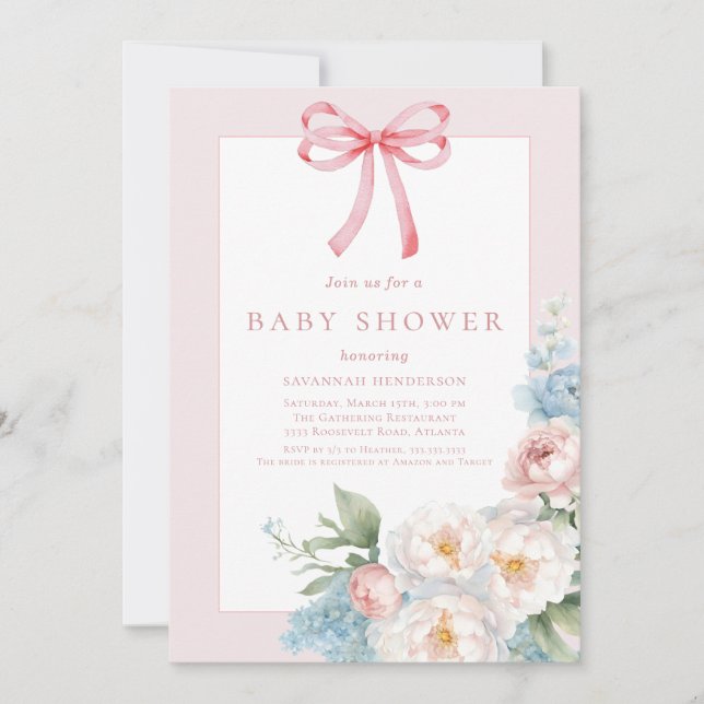 Elegant Blue Pink Bow Floral Baby Shower Einladung (Vorderseite)