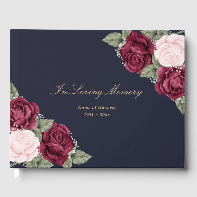 Elegant Blue Pink Burgund Floral Beerdigung Gästebuch (Vorderseite)