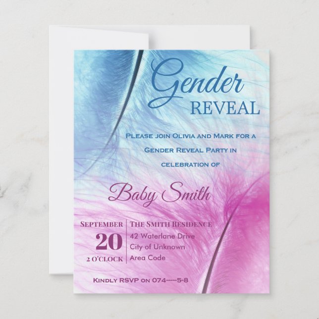 Elegant Blue Pink Feather Gender Offenlegung Einla (Vorderseite)