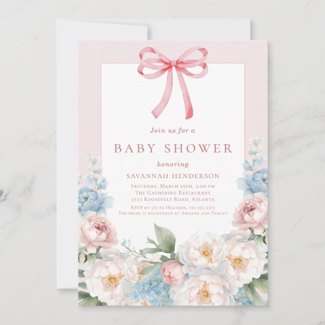 Elegant Blue Pink Floral Bow Baby Dusche Einladung (Vorderseite)