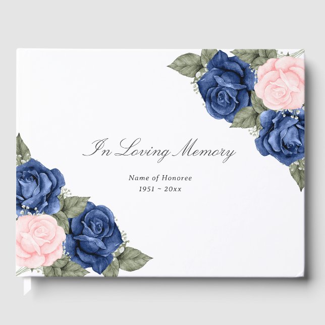 Elegant Blue Pink Roses Blumenbeerdigung Gästebuch (Vorderseite)