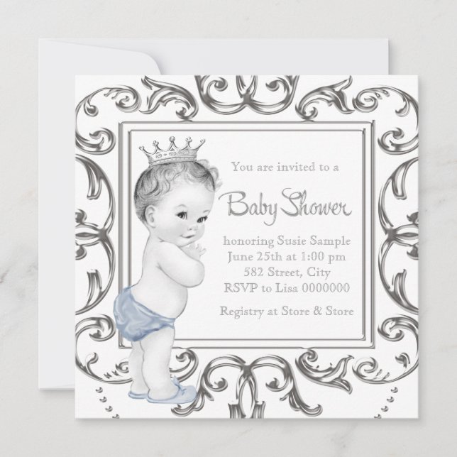 Elegant Blue Prince Baby Shower Einladung (Vorderseite)