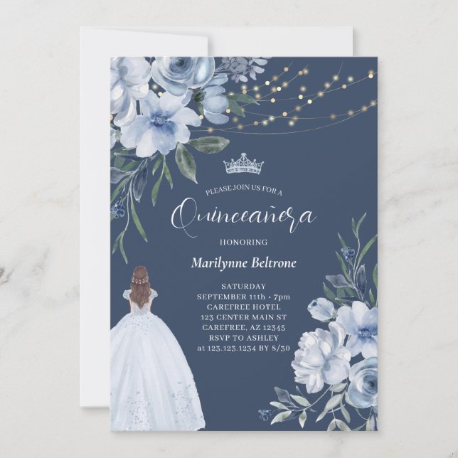 Elegant Blue Princess Quinceañera Einladung (Vorderseite)