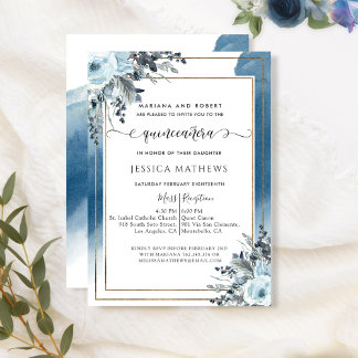 Elegant Blue Quinceñera Wasserfarbe mit Blumen Einladung