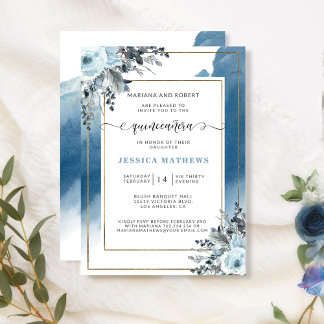 Elegant Blue Quinceñera Wasserfarbe und Blumen Einladung
