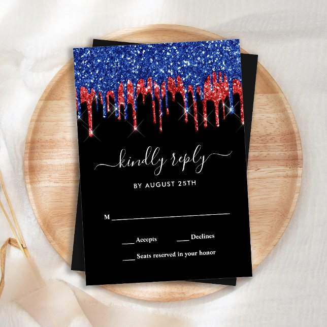 Elegant Blue Red Black Glitzer Patriotic Wedding RSVP Karte (Von Creator hochgeladen)